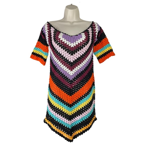 Alix Pinho | NWOT Hastanking Retro Crochet Mini Dress in Multicolor Size M - Picture 3 of 10